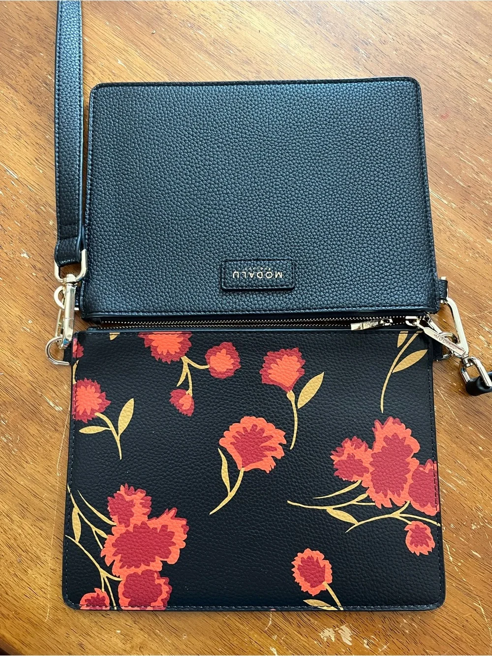 Modalu Black Floral Crossbody Pouch Set with Detachable Strap